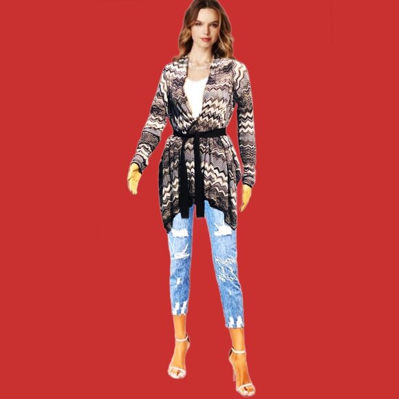 BCBG MaxAzria Chevron Design High-Low Waterfall Open Front Wrap Cardigan Size L - Picture 2 of 6